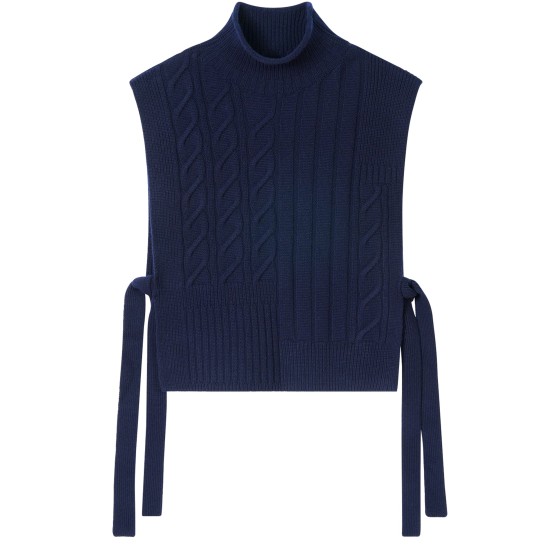 Long belted cable knit bib sweater - Blue