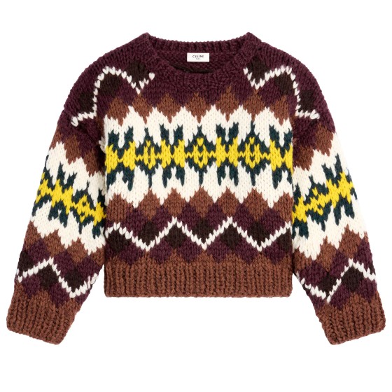 Crewneck sweater in fair isle wool - brown