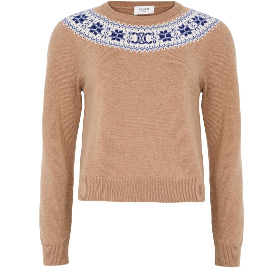 Crew neck sweater in Fair Isle cashmere - Beige