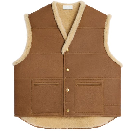 Curly Lamb Leather Oversized Sleeveless Jacket - Beige