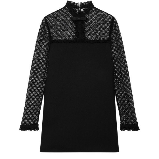 Lace mini dress in diagonal wool - Black