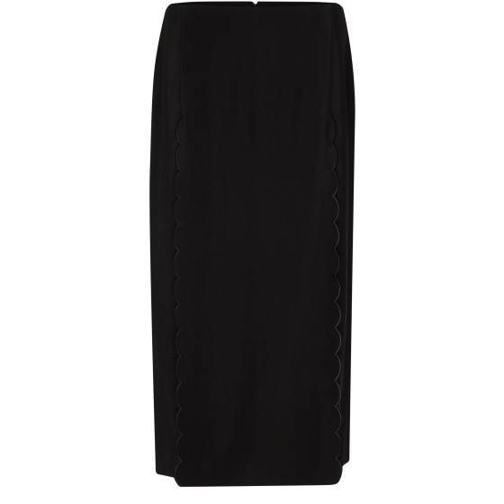 Embroidered scalloped hem rayon flowy straight midi skirt - Black