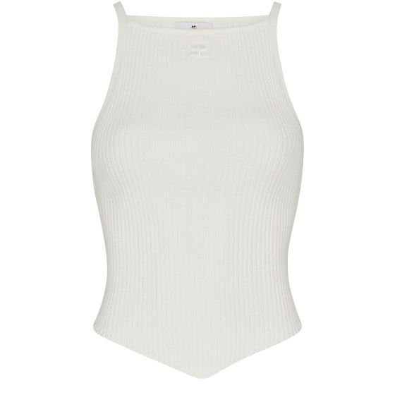 Rib-knit Pointed Collar Vest - white