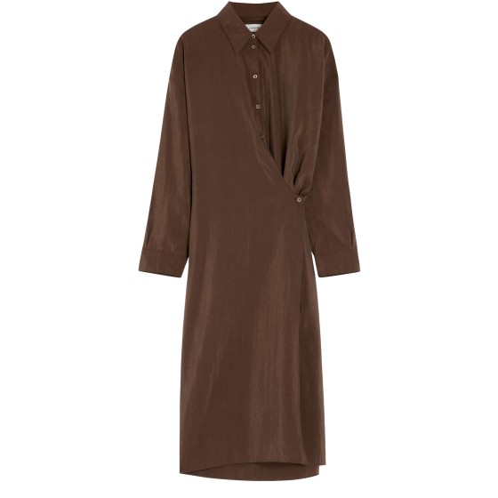 Straight collar twist pleat shirt dress - brown
