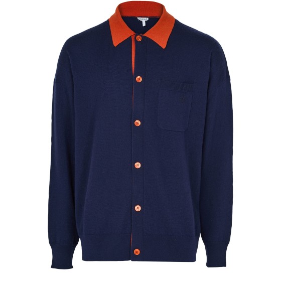 Polo cardigan in wool - navy blue