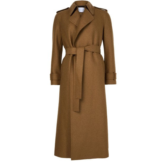 Double-stitched long trench in pressed wool - Beige