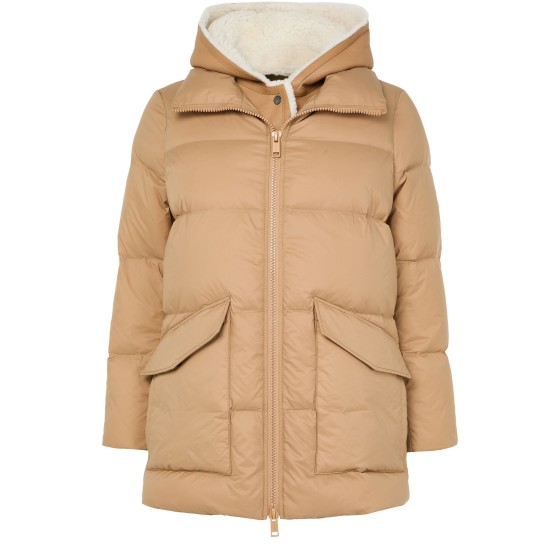 Puffer jacket with a sheepskin hood - brown
