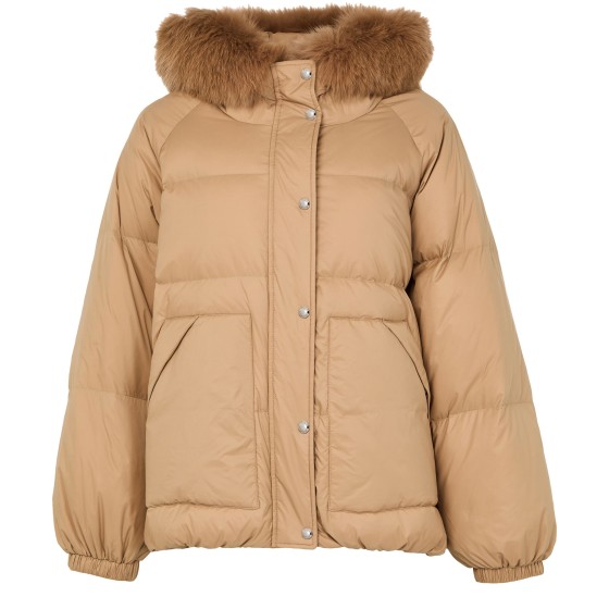 Hooded puffer jacket with a fox fur trim - brown