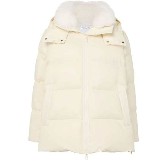 Hooded puffer jacket with a fox fur collar - Yellow
